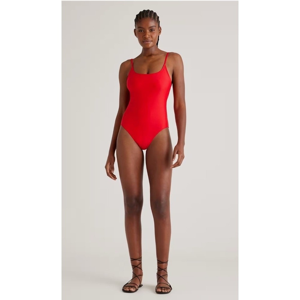 Quince Italian Recycled High Compression Scoop Neck One Piece Swimsuit Red Small